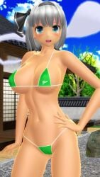 2025 3d big_breasts bikini black_bow blue-eyed_female blue_sky blush breasts clavicle cleavage clouds ghost_girl green_bikini grey-haired_female hand_on_hip hati_yukkuri_mmd headband hips looking_at_viewer midriff mmd navel open_mouth outside short-haired_female sky swimsuit tanned_female touhou trees waist will-o-wisp youmu_konpaku