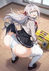 1girls absurd_res ahoge ai_generated alisa_mikhailovna_kujou ass ass_shake black_skirt black_vest blue_eyes blush body_control boombox bow bowtie breasts collared_shirt cropped_jacket dekutree10 embarrassed forced_to_dance forced_to_twerk gold_boombox_(prevence) grey_hair grey_jacket hair_ribbon hi_res huge_ass hypnosis jacket loafers long_hair looking_back panties pleated_skirt red_bow red_bowtie red_ribbon ribbon school_uniform shaking_ass shirt shoes skirt solo thighhighs tokidoki_bosotto_russian_de_dereru_tonari_no_alya-san twerk twerk_hypnosis twerking uniform upskirt white_panties white_thighhighs zettai_ryouiki