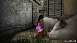 3d arab_female arabian arabian_female bdo beurette black_desert black_desert_online black_hair commentary_request dark-skinned_female degradation exposed game_screenshot heels humiliation irl_character latex_dress licking_ass pig pig_girl pink_dress ponytail scat shit white_heels yourbdoslave zoophilia