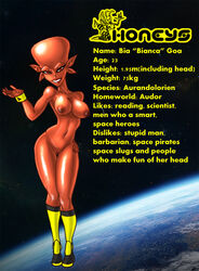 alien bald bracelet breasts english_text female grriva jewelry looking_at_viewer pussy red_eyes solo text wide_hips