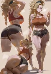 1girls ai_generated ass blonde_hair booty_shorts breasts capcom dat_ass female gemma_(monster_hunter_wilds) huge_ass large_breasts light-skinned_female light_skin long_hair monster_hunter monster_hunter_wilds shexyo short_shorts shorts sweat sweaty_body thick_thighs