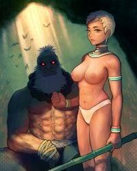 1boy 1girls abs akuma alternate_skin_color armlet artist_name ass beard bird blonde_hair blue_eyes bracelet breasts chest_hair cleavage clothing commentary dark-skinned_female dark_skin earrings elena_(street_fighter) english_commentary facial_hair female female glowing green_eyes highres hoop_earrings jewelry large_breasts light-skinned_female lips loincloth looking_at_viewer male medium_breasts muscle muscular_male navel neck_ring necklace nipples polearm quasimodox red_eyes short_hair street_fighter street_fighter_6 street_fighter_iii_(series) sunlight swimsuit thighs topknot topless topless_male underwear weapon white_hair white_panties