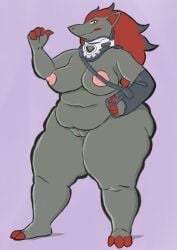 1girls anthro belly breasts female female_only generation_5_pokemon genitals hi_res medical_sling neck_brace nintendo nipples nokemop overweight overweight_anthro overweight_female pokemon pokemon_(species) pussy solo thick_thighs zoroark