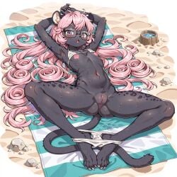 ai_generated armpits arms_above_head beach_towel bikini_bottom_down bikini_top_up black_fur curly_hair erect_nipples flat_chest glasses gunsmith576 innie_pussy large_areolae legs_spread panther_ears panther_girl panther_humanoid panther_print panther_tail pink_hair purple_eyes small_ass wet_body white_bikini