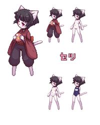 black_hair clothing feline female fur hair japanese_clothing kemono mammal nude sprite swimsuit white_background white_fur オムニキン