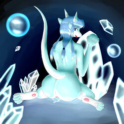 2014 anthro anus ass blue_body blue_eyes blue_hair bubble crystal dragon female hair kneeling looking_at_viewer looking_back nude open_mouth pussy pussy_juice raaggu raised_tail solo