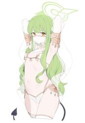 1girls armwear belly_dancer_outfit blue_archive demon_tail green_hair gurenola halo highlander_railroad_academy_student hikari_(blue_archive) legwear pointy_ears small_breasts succubus_tail tail veil