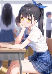 black_hair blue_bow blue_ribbon blue_skirt blurry_background commentary_request hand_on_own_chin highres long_hair looking_at_viewer multiple_girls on_chair original pleated_skirt ribbon school_chair school_desk school_uniform short_sleeves sironora sitting smile solo_focus white_shirt yellow_eyes