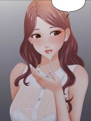 after_blowjob bare_arms bare_shoulders big_breasts blush breasts brown_eyes brown_hair change_wife_(manhwa) cum_dripping_from_mouth cum_in_hand cum_in_mouth lipstick long_hair manhwa married_woman nail_polish park_min parted_lips pornhwa seyoung_(change_wife) smile webtoon white_dress white_nails