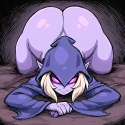 1girls ai_generated arched_back ass back_arch bed big_ass black_background bottomless cloak clothing cold_shrike curvaceous curvy curvy_figure dark dark_elf elf elf_ears elf_female female female_focus female_only glowing_eyes head_down_ass_up hood hood_up ironhide_game_studio kingdom_rush looking_at_viewer lying lying_on_bed lying_on_stomach magic magic_user novelai purple_body purple_eyes purple_skin robe self_upload simple_background smile sole_female solo thick_thighs thighs white_hair wizard