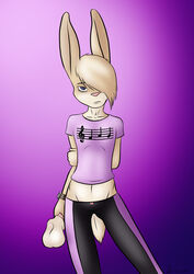 1boy anthro balls blonde_hair blue_eyes clothed clothing crop_top danaume detachable_penis hair lagomorph male male_only mammal nullo penis rabbit short_hair solo