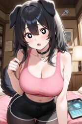 ai ai_assisted ai_generated bed bedroom big_breasts black_fur black_hair black_shorts choker dog_ears dog_girl dog_tail fully_clothed oc original original_character pink_shirt submissive_female