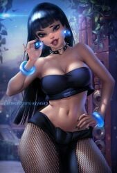 1girls ayyasap belly_piercing black_hair bracelets brown_eyes chel chel_(the_road_to_el_dorado) choker clothed clothed_female earrings female female_only fishnets goth goth_girl gothified lip_piercing loincloth long_hair looking_at_viewer nose_piercing skirt the_road_to_el_dorado tubetop watermark whitewashed