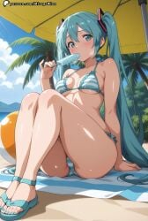 ai_generated areolae ass big_ass bikini blush breasts cameltoe eating feet hatsune_miku long_hair looking_at_viewer medium_breasts micro_bikini mirageart sandals solo solo_focus toenail_polish toes turquoise_eyes turquoise_hair twintails vocaloid