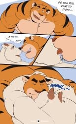 2022 absurd_res anthro ass barazoku big_muscles biped blush canid canine chest_tuft clothed clothing comic crotch_tuft deltoids dialogue digital_media_(artwork) dominant dominant_anthro dominant_male duo embarrassed english_text felid forearm_muscles french_kissing fur grin hair hi_res hug huge_muscles hugging_another humanoid_hands interspecies kissing male male/male mammal multiple_scenes muscular muscular_anthro muscular_male neck_tuft nude obliques overweight overweight_anthro overweight_male pantherine patreon patreon_logo pecs rosy_cheeks sequence sex short_hair signature simple_background smile speech_bubble submissive submissive_anthro submissive_male teasing text tiger tongue tongue_out toony triceps tuft twitter twitter_logo vitashi