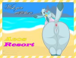 absurd_res accessory anus ass beach beach_style_glaceon big_butt clothing ears_back eeveelution eyewear female feral flower flower_in_hair furry generation_4_pokemon genitals glaceon hair hair_accessory hi_res looking_back nintendo onesaucydragon pivoted_ears plant pokemon pokemon_(species) pokemon_unite postcard presenting presenting_pussy pussy raised_tail rear_view shirt shutter_shades smile solo sunglasses tail text topwear