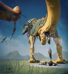 3d ambiguous_gender animal_genitalia ass cloaca dinosaur feces feral green_scales photorealism raised_tail rear_view reptile salireths scalie scat sharp_teeth solo standing teeth yellow_belly