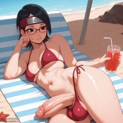 1futa ai_generated balls_in_panties big_penis bikini bulge cum dickgirl drinking futa_only futanari glasses huge_balls huge_cock naruto naruto_(series) precum precum_drip puffyart sarada_uchiha solo solo_futa testicle_bulge uchiha_sarada