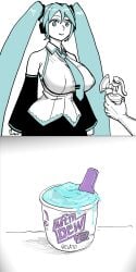 1girls alternate_breast_size bb_(baalbuddy) breast_milk_in_a_cup breast_pump breasts detached_sleeves edit gelato hatsune_miku huge_breasts ice_cream implied_lactation mountain_dew mountain_dew_baja_blast stitched twintails vocaloid