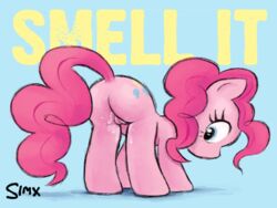 1girls ass blue_eyes cutie_mark earth_pony english_text equine female feral friendship_is_magic furry hair horse looking_at_viewer looking_back mammal my_little_pony pink_hair pinkie_pie_(mlp) pony pussy pussy_juice simx solo source_request text watermark wet