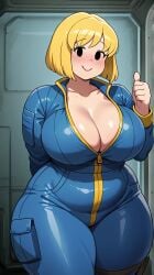 1girl 1girls ai_generated astrawaifu big_breasts black_eyes blonde_hair blush blushing_at_viewer blushing_female curvy curvy_female curvy_figure fallout large_breasts light-skinned_female mature_female solo_female thick thick_hips thick_legs thick_thighs vault_girl vault_suit