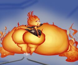 ass ass_expansion breast_expansion breast_inflation breasts breasts_bigger_than_body breasts_bigger_than_head breasts_out breasts_out_of_clothes butt_expansion butt_exposed confade elemental elemental_(pixar) ember_lumen female fire_girl flame flames growth hyper hyper_breasts inflation lactation lava magma non-human pixar teeth teeth_clenched