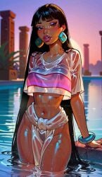 1girls ai_generated big_breasts big_lips black_hair bracelet brown_eyes chel chel_(the_road_to_el_dorado) clothed collar dark-skinned_female dreamworks earrings female human looking_at_viewer pool seductive the_road_to_el_dorado