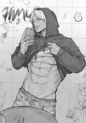 abs bathroom calvin_klein gyaru-oh gyaruo himuro_ryo hood_up hoodie kengan_(series) kengan_ashura male male_only maniko390 mirror mirror_selfie muscular muscular_male pecs phone selfie shirt_lift shirt_up smile smirk solo tan_skin thirst_trap tongue_out