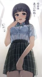 asaka_karin black_hair blurry_background blush bra_visible_through_clothes breasts commentary_request female from_below hand_to_own_mouth highres large_breasts looking_at_viewer love_live! love_live!_nijigasaki_high_school_idol_club medium_hair open_mouth school_uniform see-through_clothes see-through_clothing see-through_shirt shirt skirt smile solo sweat tata_(tataice) wet