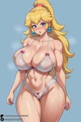 1girls ai_generated blonde_hair blue_background blue_eyes blush bow_panties bra breasts cleavage collarbone covered_nipples curvy earrings huge_breasts jewelry large_breasts lingerie lips long_hair looking_at_viewer mario_(series) muscular navel nipples panties ponytail princess_peach see-through simple_background solo sweat thick_thighs thighs underwear underwear_only unjobdespiert white_bra white_panties wide_hips