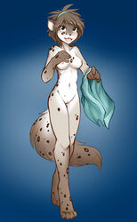 anthro black_fur black_nose blue_eyes breasts brown_fur brown_hair canine digitigrade edit english_text fangs feline female fur grey_fur hair hairband hybrid kathrin_(twokinds) keidran leopard looking_at_viewer mammal nude open_mouth parody plain_background pose pussy short smile snow_leopard solo spots standing teeth text tom_fischbach tongue towel twokinds white_background white_fur