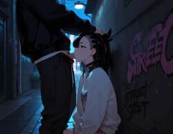 1boy 1boy1girl 1girls ai_generated alternate_costume black_hair blowjob blush choker couple fellatio graffiti hand_on_head holding_hair long_hair marnie_(pokemon) night pokemon pokemon_ss public street sucking_penis victor_(pokemon)