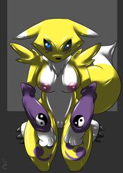 2014 anthro bandai big_breasts black_nose blue_eyes breasts canine chest_tuft digimon female fingerless_gloves fox fur gloves hair kneeling long_ears mammal mane markings nipples nude plain_background plump_labia pussy renamon solo tuft virate-chip yellow_fur yin_yang