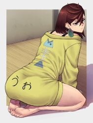 1girls animal_print ayase_momo brown_hair dandadan earrings female fish_print jewelry limn044 looking_at_viewer looking_back red_eyes short_hair sweater thighs yellow_sweater