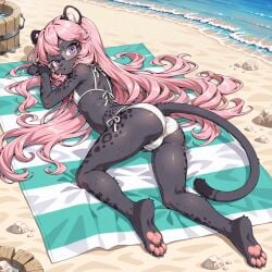 ai_generated armpit barely_visible_cameltoe beach_towel black_fur curly_hair flat_chest glasses gunsmith576 laying_on_stomach panther_ears panther_girl panther_humanoid panther_print panther_tail pawpads pink_hair purple_eyes small_ass wet_body white_bikini