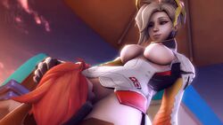 2girls 3d animated blonde_hair breasts cunnilingus exposed_breasts exposed_pussy facesitting female_on_top female_only greatm8 hand_on_another's_head hand_on_head mercy moira no_sound oral overwatch pussy red_hair source_filmmaker video yuri