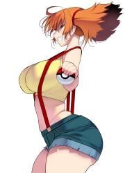 2d 2d_(artwork) 2d_artwork ass asymmetrical_hair blue_eyes blush breasts clothing cowboy_shot crop_top cutoffs denim denim_shorts female female_only green_eyes grin gym_leader high_resolution holding holding_object holding_poke_ball huge_ass huge_breasts kasumi_(pokemon) large_ass large_breasts looking_at_viewer masao midriff navel orange_hair poke_ball poke_ball_(basic) pokemon pokemon_character pokemon_species ponytail shirt short_hair short_shorts shorts side_ponytail simple_background sleeveless smile solo standing suspender_shorts suspenders tank_top teeth thick_ass thick_thighs thighs tied_hair very_high_resolution white_background yellow_shirt