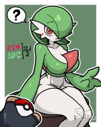 2d ? big_breasts big_hands blush challenge digital_media_(artwork) female_focus gardevoir green_hair green_skin holding_poke_ball iamsyntara legs pokeball pokemon pokemon_(species) pokemon_focus red_eyes shocked shocked_expression short_skirt simple_background sitting text two_tone_body video_games white_skin wide_hips