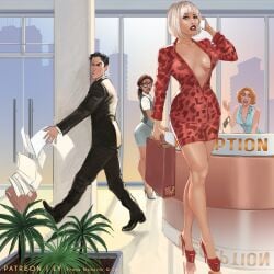 1boy 3girls business_suit distracted dress frans_mensink high_heels implied_yuri no_bra no_panties office office_lady receptionist semi-transparent tagme transparent_clothing