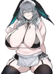 absurdres alternate_costume apron aqua_eyes aqua_nails arknights belly bikini bikini_under_clothes black_bikini black_garter_straps black_thighhighs breasts commentary cowboy_shot cum cum_in_navel cum_on_body cum_on_breasts cum_on_stomach cum_string curvy detached_collar female garter_straps grey_hair grin head_wings highres ho'olheyak_(arknights) huge_breasts infection_monitor_(arknights) looking_at_viewer maid_apron maid_headdress medium_hair micro_bikini nail_polish navel pointing pointing_at_breasts pointing_at_self sharp_teeth side-tie_bikini_bottom simple_background sitting slit_pupils smile solo string_bikini swimsuit teeth thighhighs two-tone_wings vxdrq white_background wing_collar wings