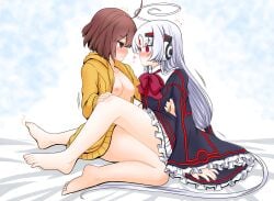 2girls ahoge albino barefoot blush bow breasts breasts_out brown_hair bus dress feet female female/female female_only forehead_jewel frilled_dress frills hair_tubes hairband highres hood hoodie huge_ahoge kurosawa_karura lesbian_sex linne_(under_night_in-birth) long_hair looking_at_another low_twintails motor_vehicle multiple_girls neon_trim nipples no_pants open_clothes purple_eyes red_eyes robot_ears sex short_hair small_breasts soles toes tribadism twintails under_night_in-birth vatista_(under_night_in-birth) very_long_hair white_hair yellow_hoodie yuri