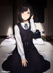 1girls black_eyes black_hair blue_ribbon bob_cut collared_shirt futamotu futon hand_in_hair looking_at_viewer original school_uniform seiza sitting smile socks solo wariza