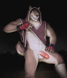 2023 abs anthro armpit_hair balls biceps body_hair bottomless canid canine canis chin_piercing clothed clothing domestic_dog ear_piercing erection eyebrow_piercing eyebrows facial_piercing fingerless_gloves footwear genitals gloves hand_on_leg hand_on_thigh handwear hi_res hoodie humanoid_genitalia humanoid_penis knee_up looking_at_genitalia looking_at_penis male mammal muscular muscular_arms muscular_legs night nipples outside pecs penis piercing plant raised_clothing raised_eyebrow raised_hoodie raised_topwear secret-greed smile socks solo topwear tree triceps wristband