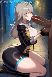 1boy 1boy1girl 1girls 2d ai_generated ass big_breasts blowjob breasts clothed_female_nude_male clothed_sex dark-skinned_male fat_ass fellatio female handjob honkai:_star_rail jackchief side_view silver_hair stelle_(honkai:_star_rail) testicle_grab testicles thick thick_ass thick_thighs