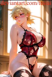 ai_generated big_breasts blonde_female blonde_hair breasts busty busty_female hellsing hellsing_ultimate lingerie red_eyes ripped_clothing seductive seductive_look seras_victoria short_hair tesiai vampire vampire_girl