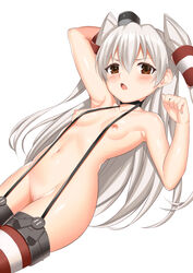 amatsukaze_(kantai_collection) arm_up armpits bangs black_choker black_hat blush breasts brown_eyes choker eyebrows_visible_through_hair female groin hair_between_eyes hair_tubes hat kantai_collection long_hair looking_at_viewer mini_hat navel nipples nude petite pussy silver_hair small_breasts smokestack solo striped striped_legwear thighhighs toshishikisai two_side_up uncensored very_long_hair windsock