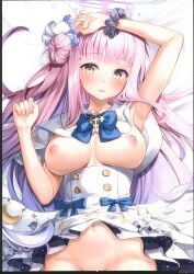 absurdres arm_up armpits blue_archive blue_bow blue_bowtie blue_flower blunt_bangs blush bow bowtie breasts breasts_apart breasts_out buttons capelet clothes_lift dakimakura_(medium) double-breasted dress dress_bow dress_lift female flower hair_bun hair_flower hair_ornament hair_spread_out halo highres large_breasts long_hair looking_at_viewer low_wings lying mika_(blue_archive) navel nipples no_panties on_back out-of-frame_censoring parted_lips pink_hair pink_halo scan scan_artifacts scrunchie side_up_bun single_hair_bun smile solo sweat very_long_hair watermark white_dress wings wrist_scrunchie yan-yam