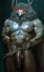 2026 2_horns abs absurd_res anthro balls big_muscles big_penis bodily_fluids clothing colored dark_body dark_skin digital_media_(artwork) digital_painting_(artwork) dripping flaccid furry genital_fluids genitals genshin_impact glans glistening glistening_body glistening_genitalia glistening_penis grey_body grey_skin hi_res horn humanoid humanoid_genitalia humanoid_hands humanoid_penis ineffective_clothing ineffective_loincloth leaking_precum light lighting long_penis male male_focus male_humanoid male_only mask mihoyo mitachurl mostly_nude_humanoid mostly_nude_male muscular muscular_humanoid muscular_male navel nipples no_humans painting_(artwork) pecs penis portrait precum precum_drip qai_san question_mark shaded simple_background soft_shading solo thick_penis three-quarter_portrait vein veiny_muscles veiny_penis