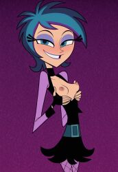 1girls accurate_art_style ai_generated belt belt_buckle blue_eyes breasts breasts_out civitai female fingerless_gloves fishnet_legwear gloves hands_on_breasts lacey_shadows looking_at_viewer makeup nipples perky_breasts puckout self_upload smile smiling smiling_at_viewer teal_hair the_modifyers two-tone_hair