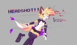 anthro black_bottomwear black_clothing black_legwear black_shorts black_thigh_highs blood bodily_fluids boots bottomwear breasts canid canine cigarette cigarette_holder clothed clothing corpse death death_piss deathmetalglamour dying exposed_breasts falling falling_over footwear fox fox_ears fox_tail fur futa_death futanari gameplay_mechanics genital_fluids gore gore_focus green_eyes gui gun gunfire gynomorph gynomorph_death half-closed_eyes handgun headshot health_bar hi_res hotpants intersex kit_(deathmetalglamour) latex latex_bottomwear latex_clothing latex_panties latex_shorts latex_underwear legwear makeup mammal mascara narrowed_eyes nipples open_clothing open_shirt open_topwear panties peeing pistol pistol_holster purple_accessory ranged_weapon shirt shoes shooting shorts shot_in_head simple_background skimpy slim small_breasts snuff solo tears thigh_boots thigh_highs topwear underwear urine weapon wetting white_body white_fur yellow_body yellow_fur